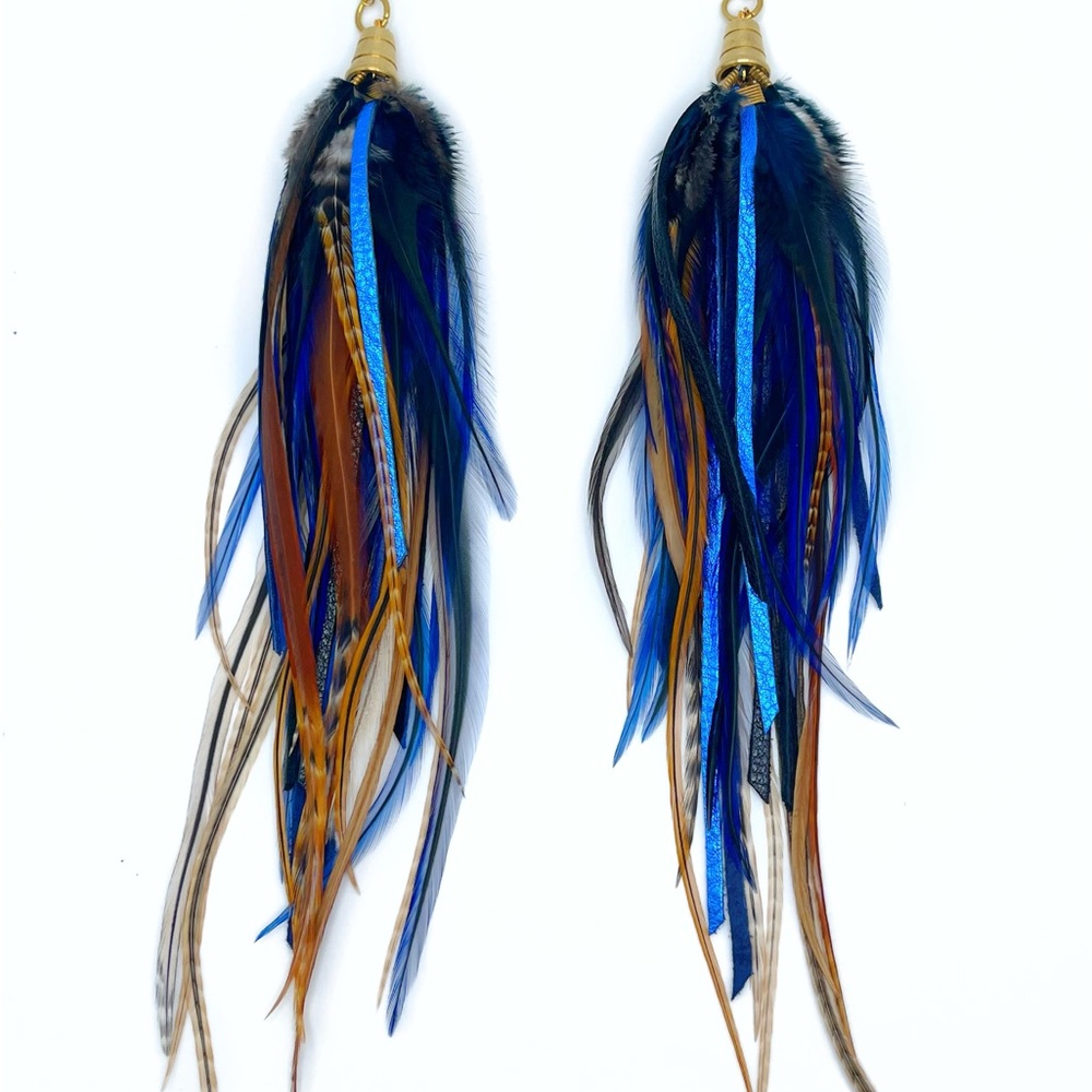 Long Leather & Feather Earrings in Black & Navy Blue